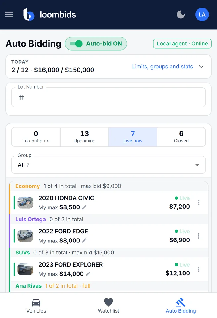 The same Live now view on a phone: Toyota RAV4 live at $7,000, Ford Edge live at $6,900, Chevrolet Silverado live at $9,750.