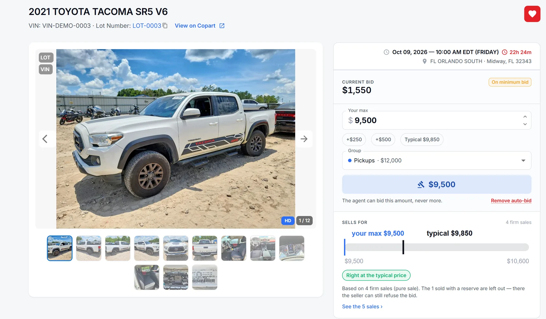 Lot detail of a 2021 Toyota Tacoma: photos, current bid $1,550, your max $9,500 in the Pickups group and what it typically sells for.